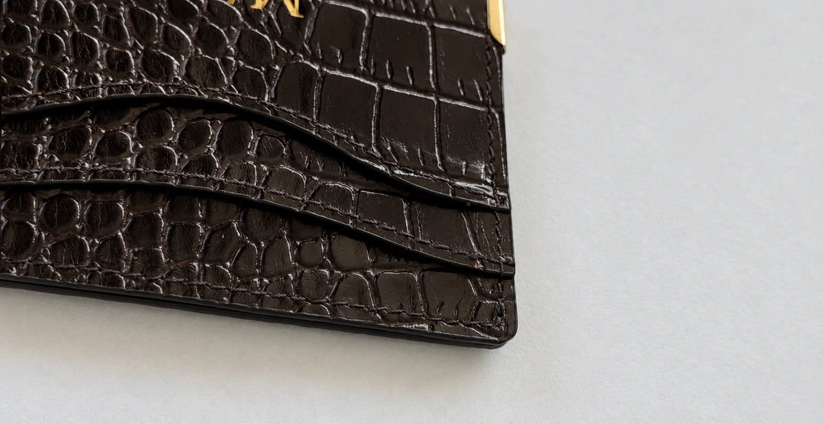 Close-up of two exterior card-pocket openings and their stitching.