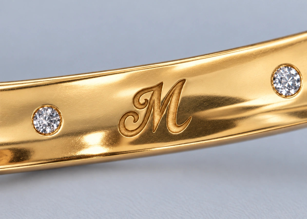 Two diamonds frame the engraved M inside the gold ring.